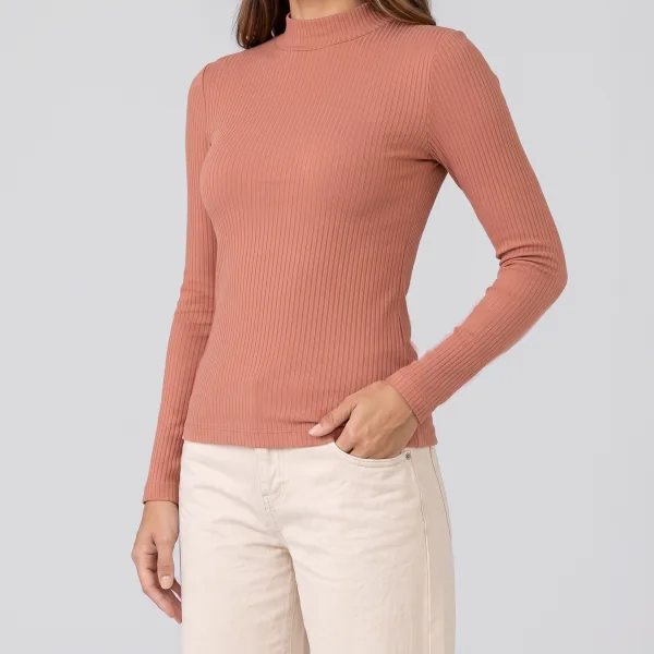 Blusa Canelada Gola Alta, cor Telha, caimento