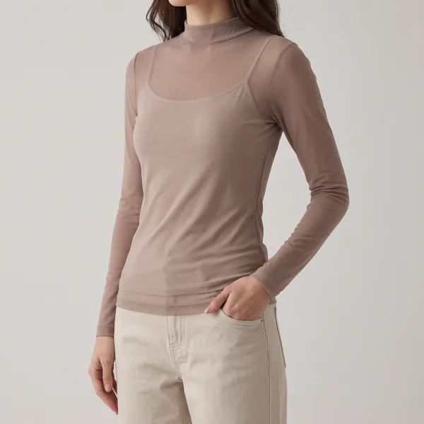 Blusa de Tule Gola Alta, cor Marrom, caimento
