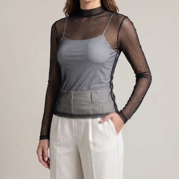 Blusa de Tule Gola Alta, cor Preto, caimento