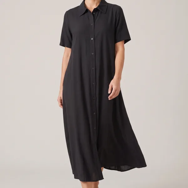 Vestido Chemise Midi, cor Preto, caimento