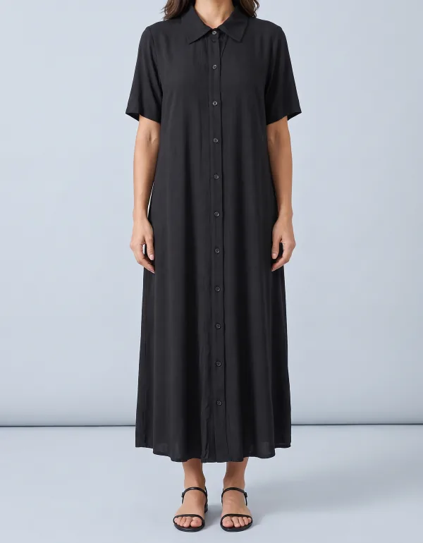 Vestido Chemise Midi, cor Preto, vista de frente