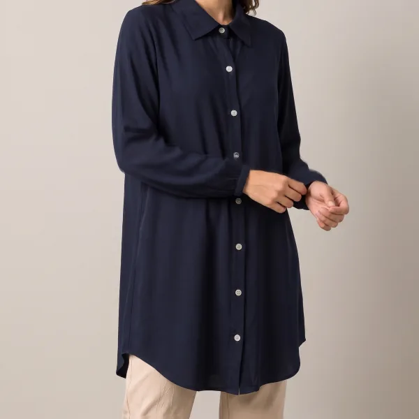 Chemise Viscolinho Manga Longa, cor Azul-marinho, caimento