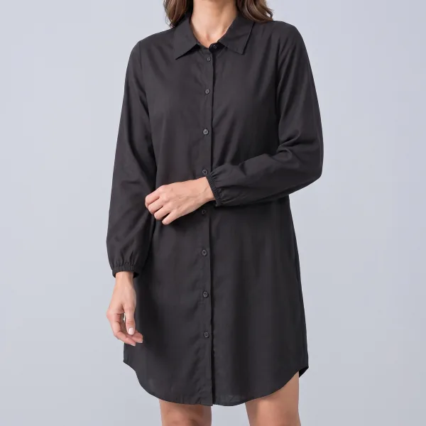 Chemise Viscolinho Manga Longa, cor Preto, caimento